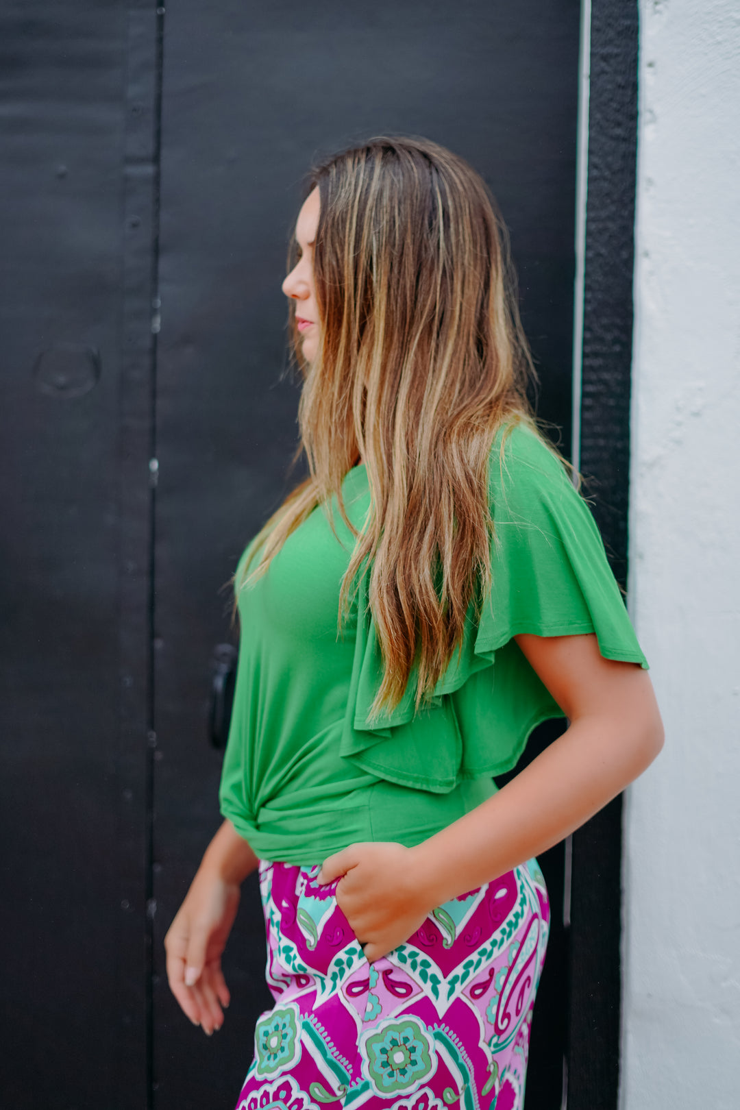 Karen Kane: Flutter Sleeve Drape Front Top in Green - The Vogue Boutique