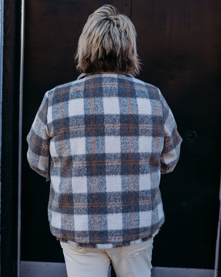 Multiples: (Snow Leopard) Woven Plaid Fringe Hem Jacket in Multi M45507JM