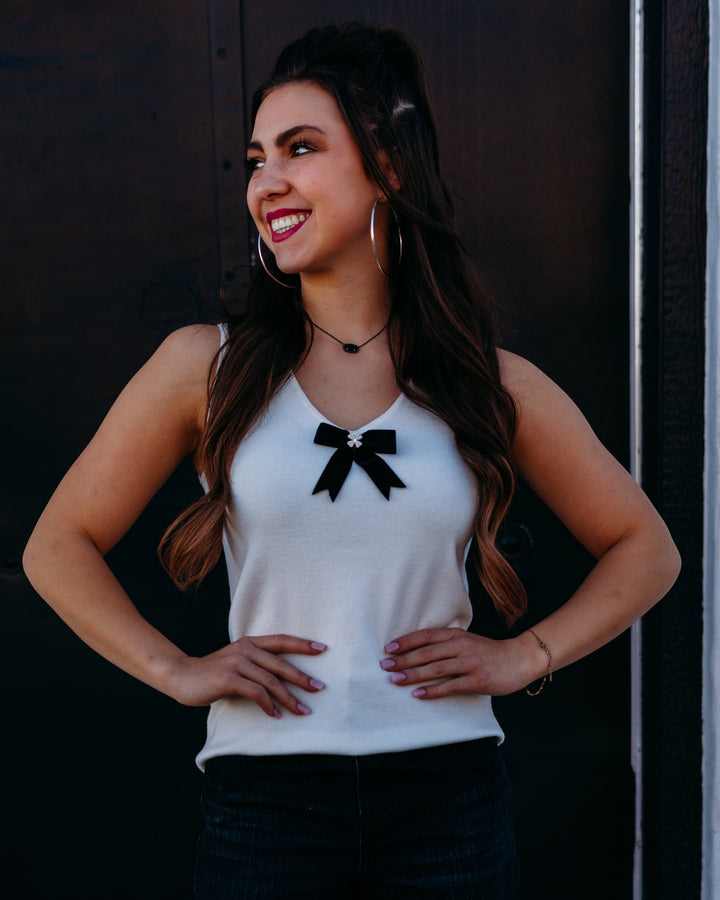 Frank Lyman: White Tank Top With Black Bow (254913) - The Vogue Boutique