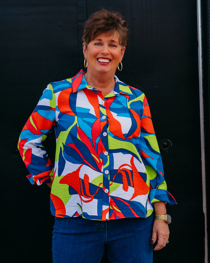 Multiples: Turn-Up 3/4 Sleeve Button Front Hi-Lo Shirt in Multi (M26206BM) - The Vogue Boutique