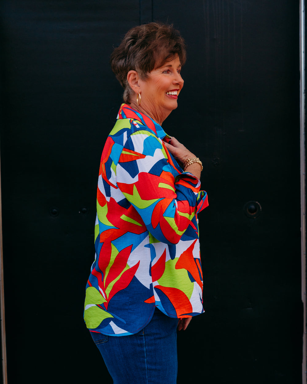 Multiples: Turn-Up 3/4 Sleeve Button Front Hi-Lo Shirt in Multi (M26206BM) - The Vogue Boutique