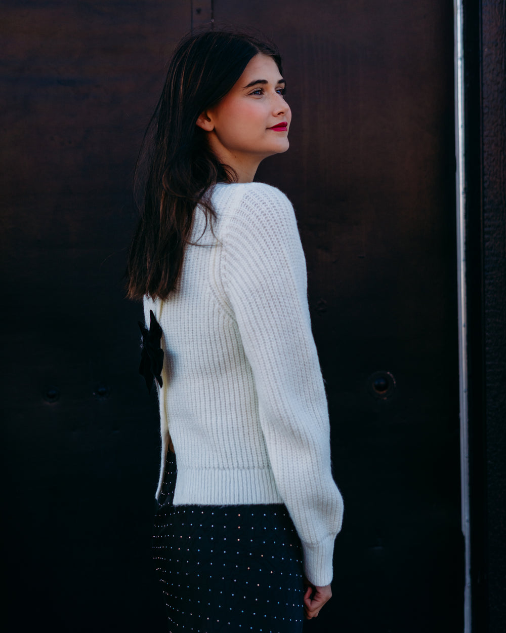 Design History: Sequin Bow Sweater in Winter White Combo - The Vogue Boutique