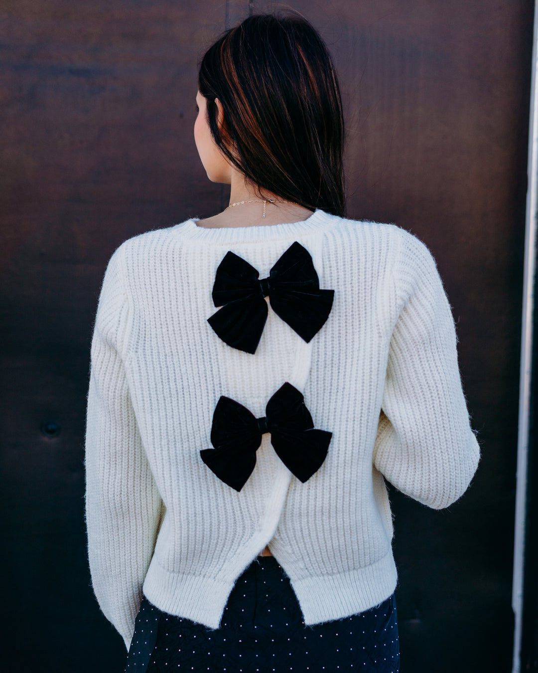 Design History: Sequin Bow Sweater in Winter White Combo - The Vogue Boutique