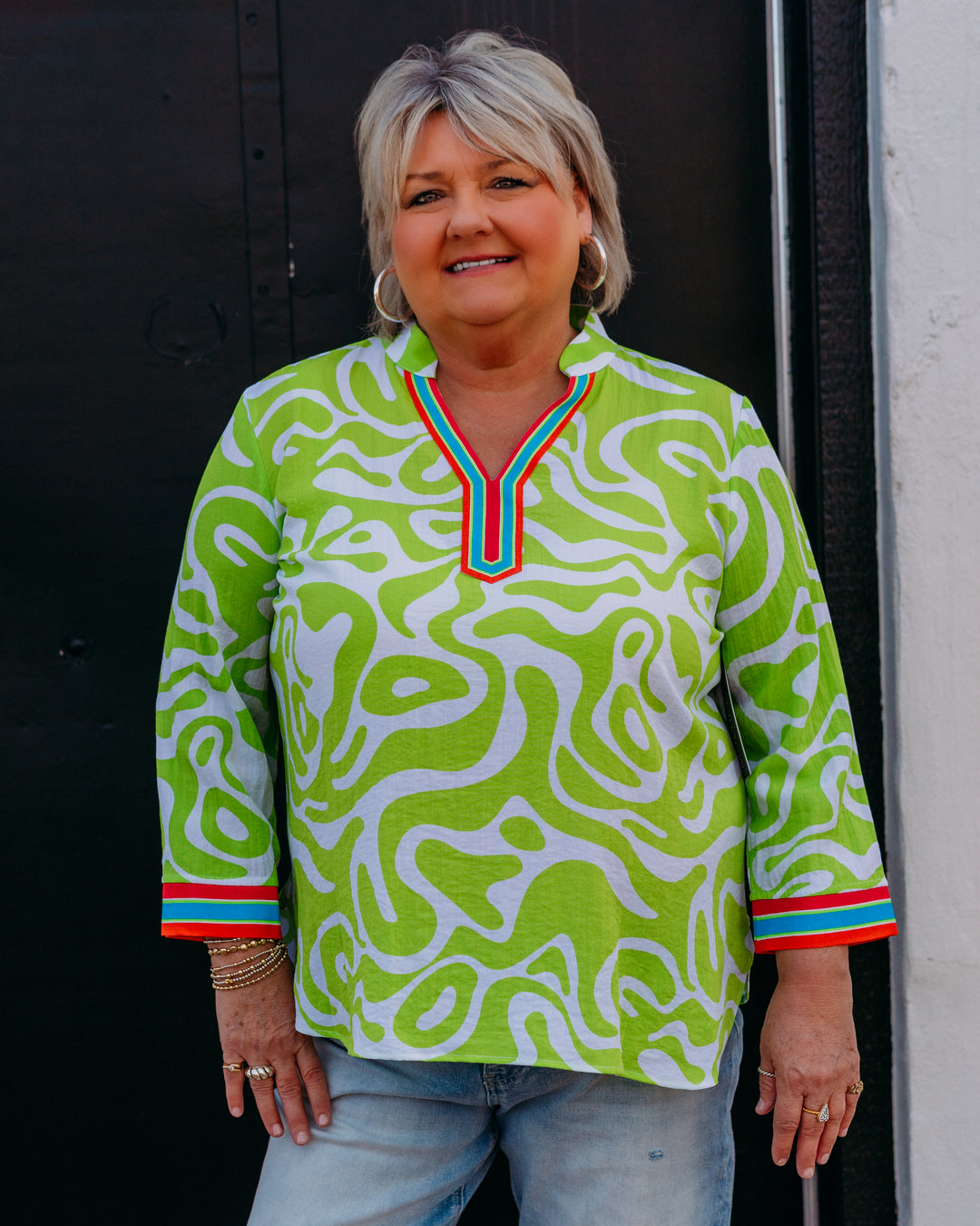 Multiples: Cuffed Dolman Scoop Neck Tie Waist Top in Lime Green/Multi (M26207TM) - The Vogue Boutique