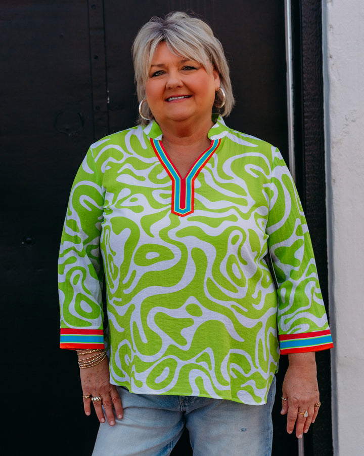 Multiples: Cuffed Dolman Scoop Neck Tie Waist Top in Lime Green/Multi (M26207TM) - The Vogue Boutique