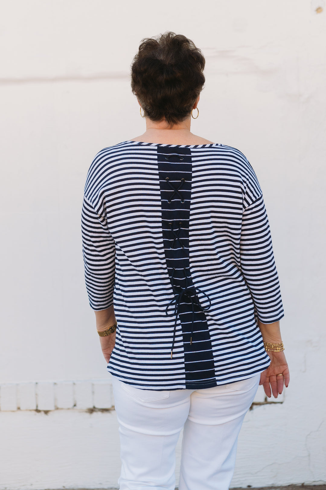 Multiples: 3/4 Sleeve Scoop Neck Laced Tie Back Hi-Lo Top in MIDNGT M15508TM - The Vogue Boutique