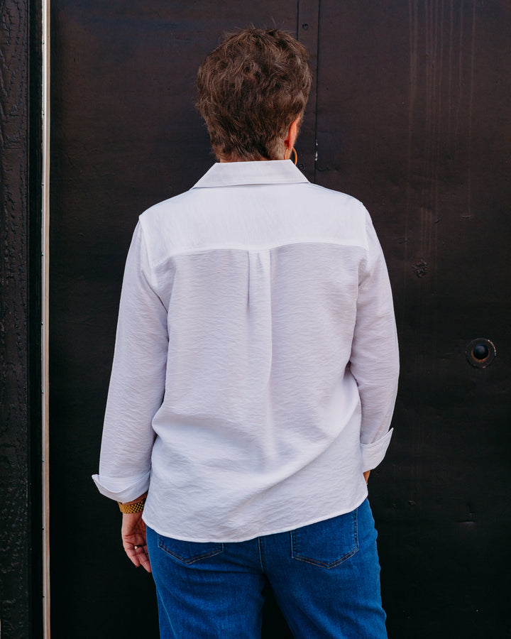 Multiples: Turn-Up Cuff 3/4 Sleeve Scallop Button Front Shirt in White (M26211BM)