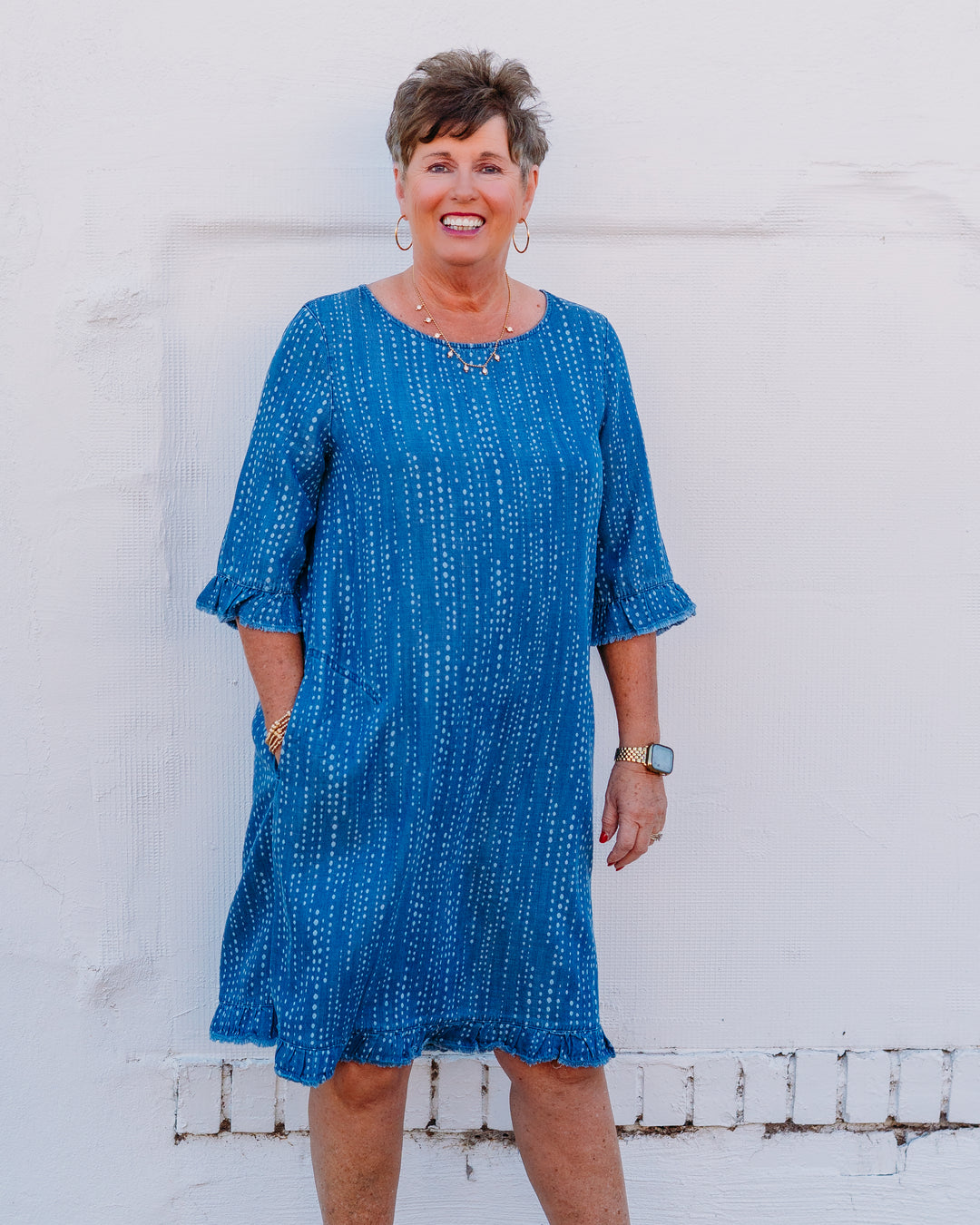 Multiples: Elbow Sleeve Scoop Neck Ruffle Hem Botton Back Woven Dress in Denim print (M36311DM)