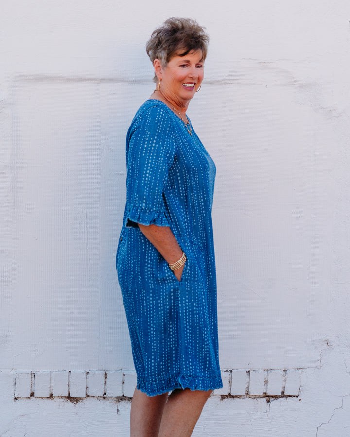 Multiples: Elbow Sleeve Scoop Neck Ruffle Hem Botton Back Woven Dress in Denim print (M36311DM)
