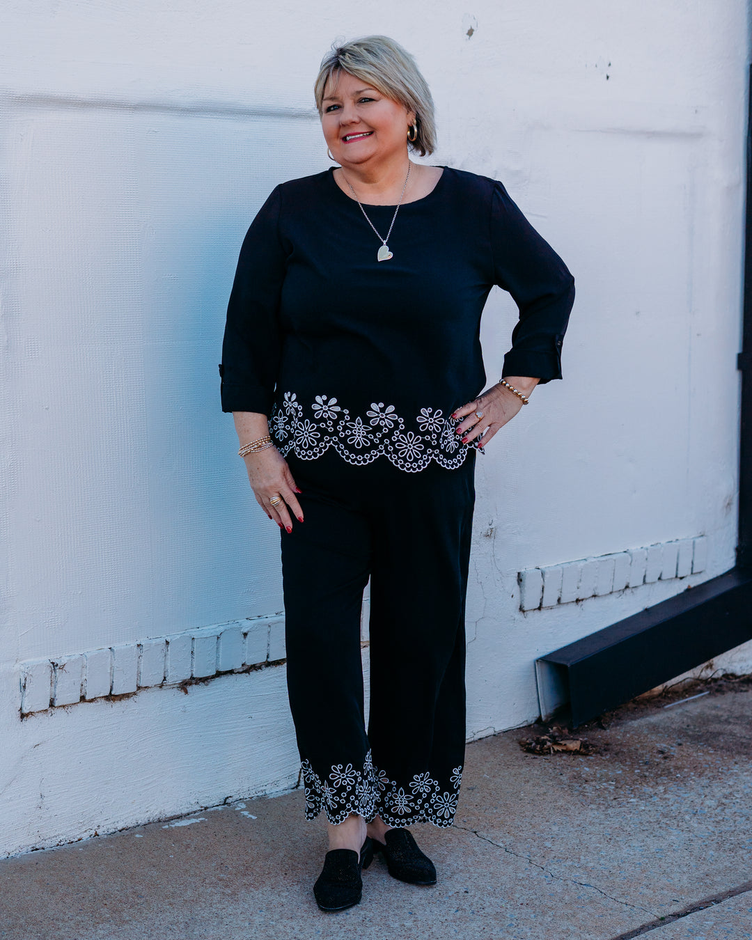 Multiples: Pull Over Drawstring Elastic Waist Embroidered Hem Wide Leg Crop Pant in Black (M16406PM) - The Vogue Boutique