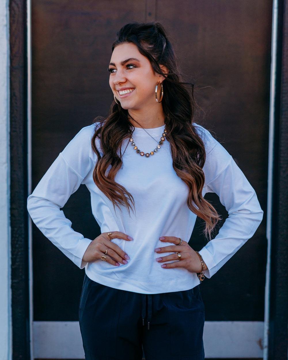 Spanx: Cotton Long Sleeve Crewneck Top in Classic White - The Vogue Boutique