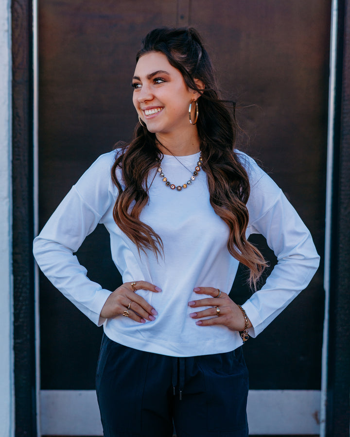 Spanx: Cotton Long Sleeve Crewneck Top in Classic White - The Vogue Boutique