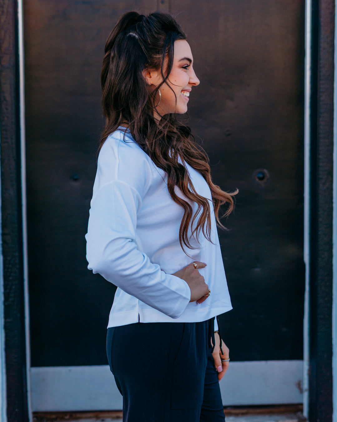 Spanx: Cotton Long Sleeve Crewneck Top in Classic White - The Vogue Boutique