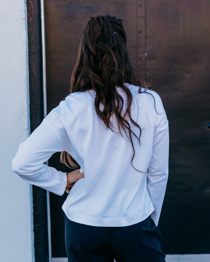 Spanx: Cotton Long Sleeve Crewneck Top in Classic White - The Vogue Boutique