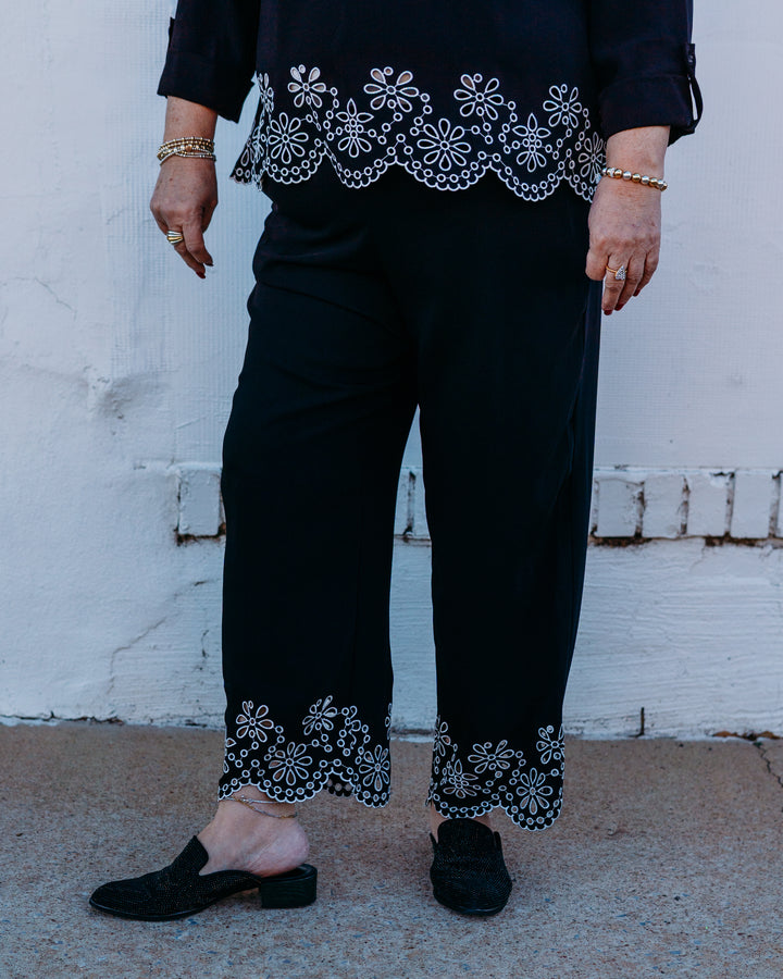 Multiples: Pull Over Drawstring Elastic Waist Embroidered Hem Wide Leg Crop Pant in Black (M16406PM) - The Vogue Boutique