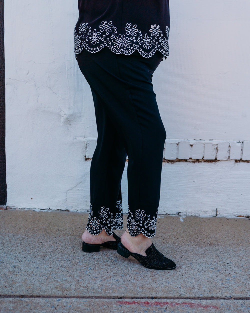 Multiples: Pull Over Drawstring Elastic Waist Embroidered Hem Wide Leg Crop Pant in Black (M16406PM) - The Vogue Boutique