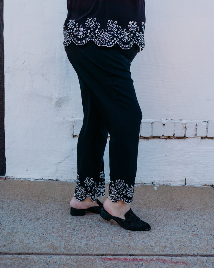 Multiples: Pull Over Drawstring Elastic Waist Embroidered Hem Wide Leg Crop Pant in Black (M16406PM) - The Vogue Boutique