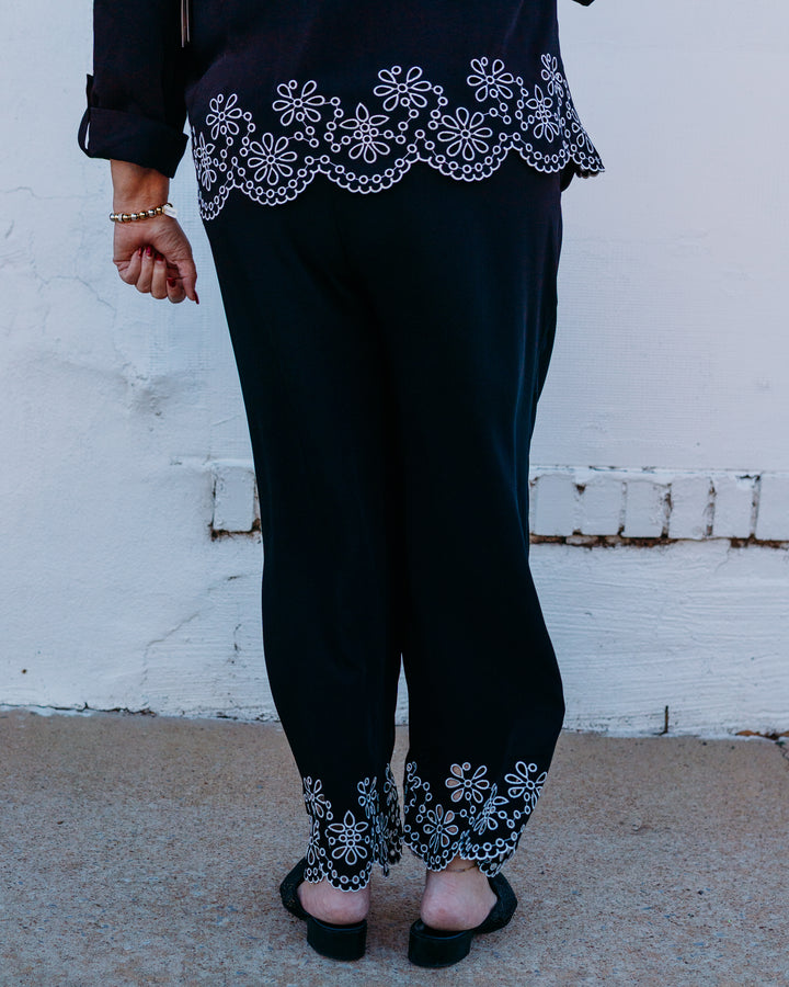 Multiples: Pull Over Drawstring Elastic Waist Embroidered Hem Wide Leg Crop Pant in Black (M16406PM) - The Vogue Boutique