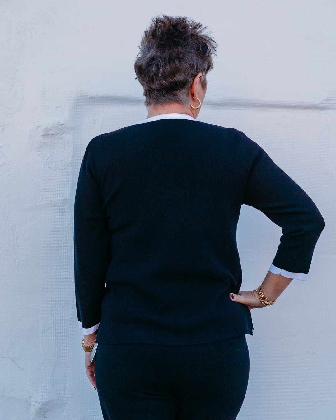 Multiples: 3/4 Sleeve Wide Neck Faux Button Front Faux Jacket Sweater Top in Black (M16105KM) - The Vogue Boutique