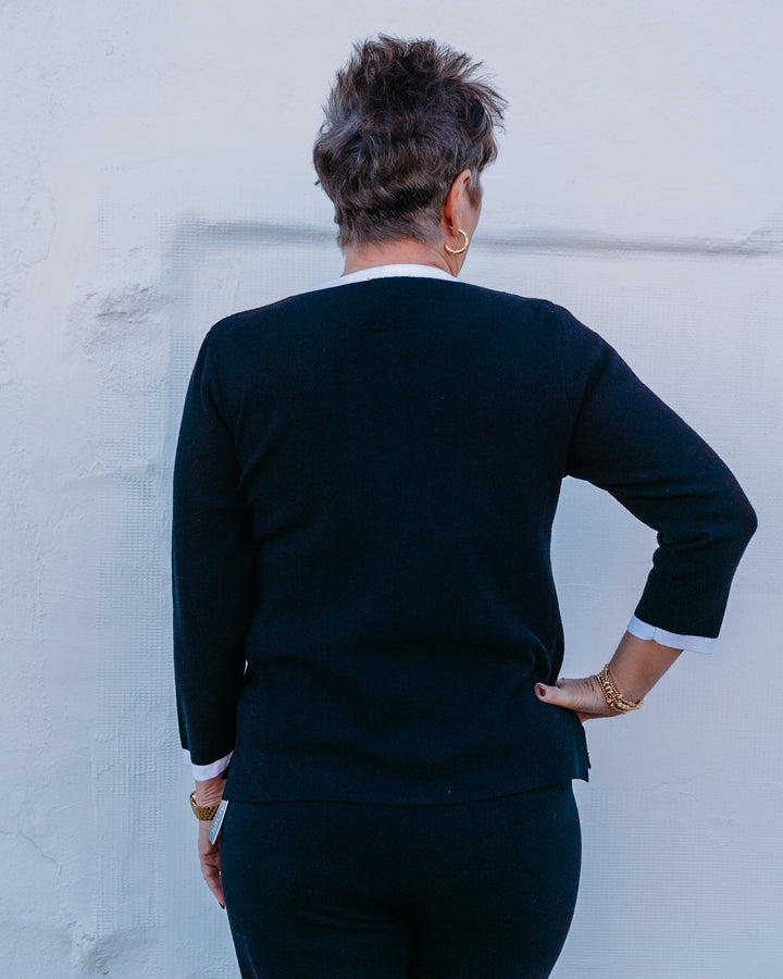 Multiples: 3/4 Sleeve Wide Neck Faux Button Front Faux Jacket Sweater Top in Black (M16105KM) - The Vogue Boutique