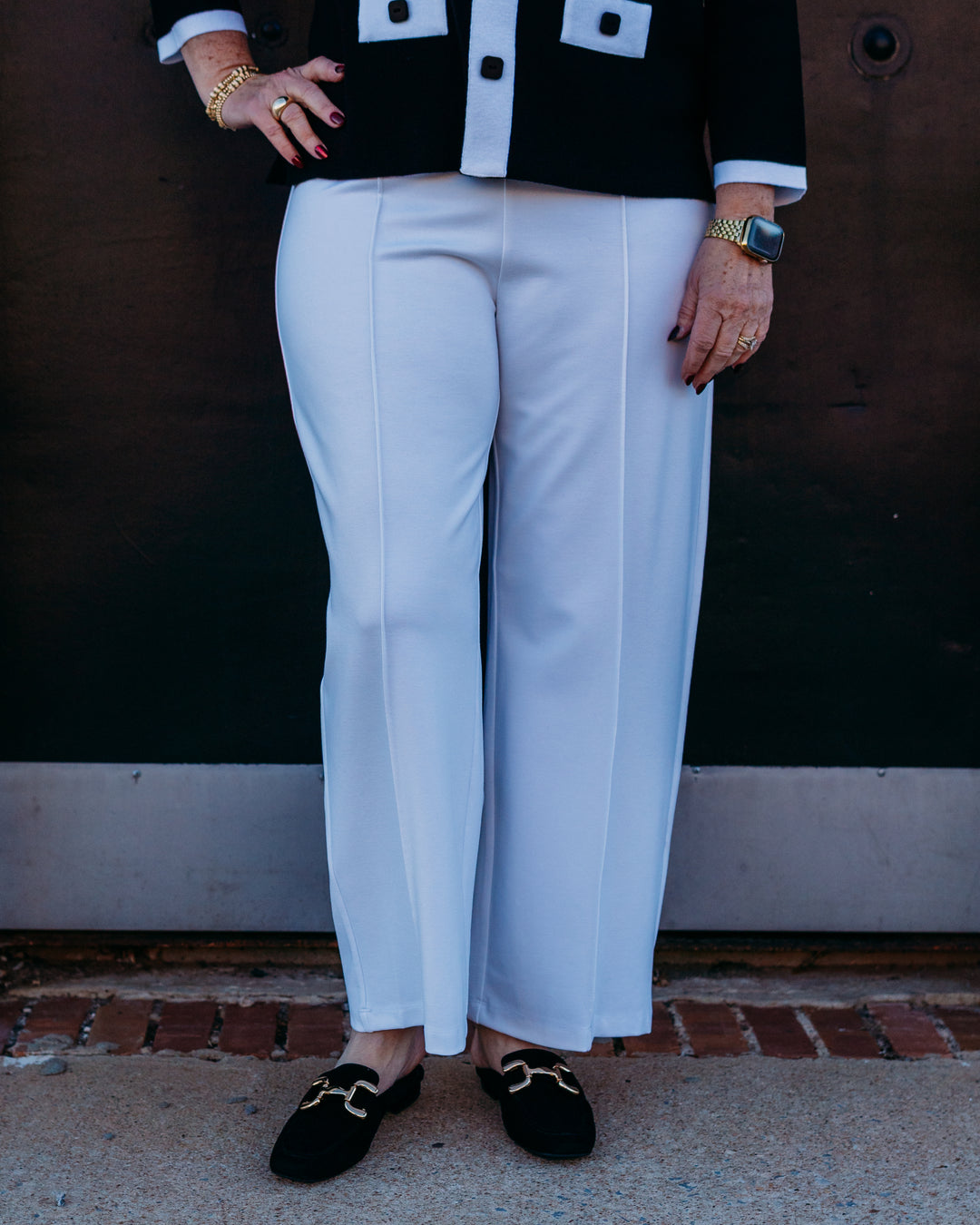 Multiples: Pull Over Elastic Waist Pintuck Front Wide Leg Crop Pant in White (M37505PM) - The Vogue Boutique