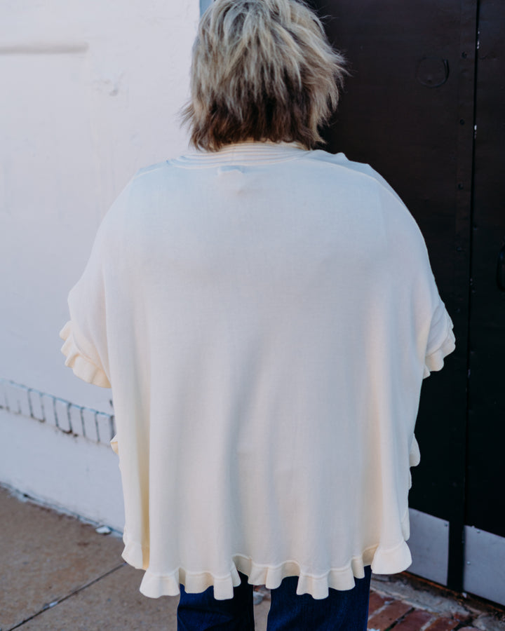 Multiples: (Chocolate Angel) Ruffle Hem Shawl Knit Cardigan in White M45112KM