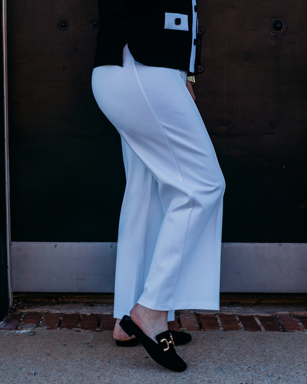 Multiples: Pull Over Elastic Waist Pintuck Front Wide Leg Crop Pant in White (M37505PM) - The Vogue Boutique