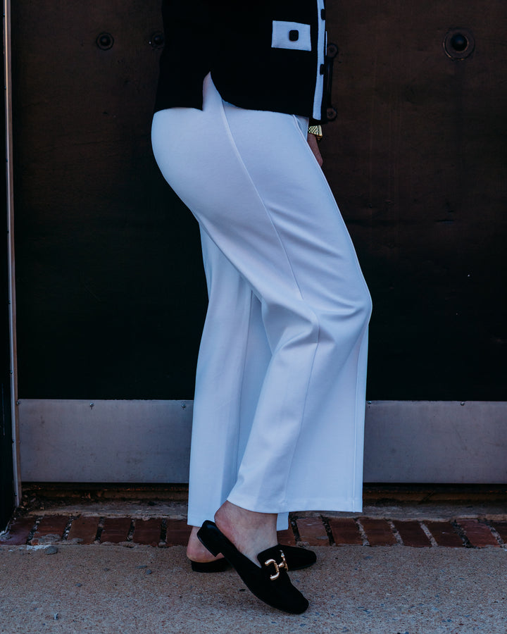 Multiples: Pull Over Elastic Waist Pintuck Front Wide Leg Crop Pant in White (M37505PM) - The Vogue Boutique