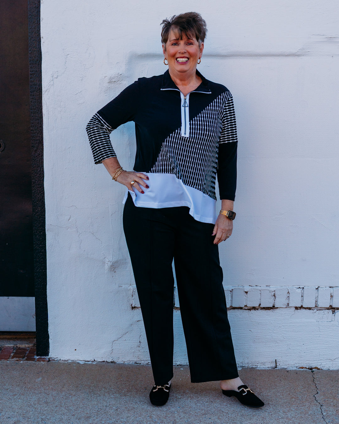 Multiples: 3/4 Sleeve Zip Thru Collar Multi-Panel Top in Multi (M16411TM) - The Vogue Boutique