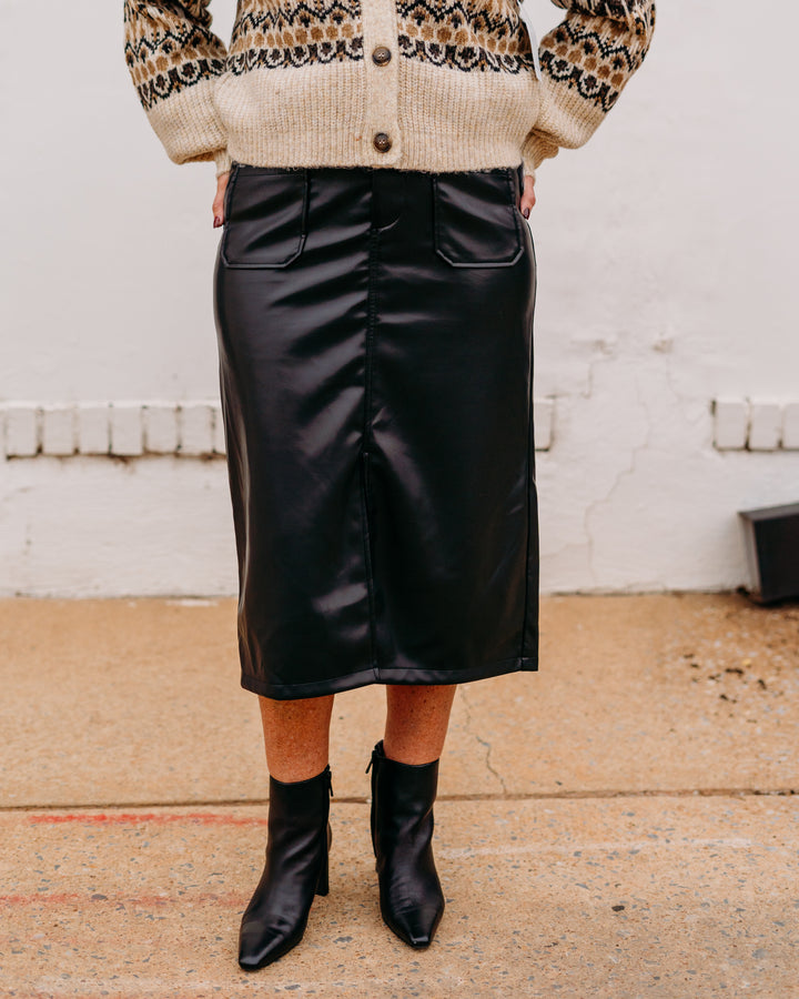 Karen Kane: Faux Leather Midi Skirt in Black 3L69900 - The Vogue Boutique