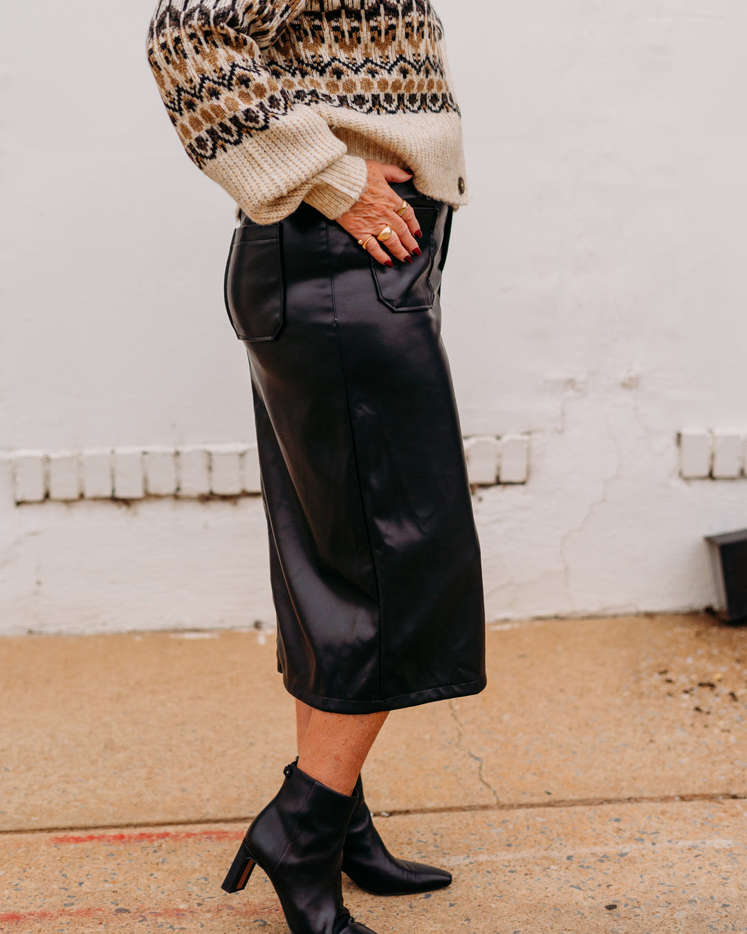 Karen Kane: Faux Leather Midi Skirt in Black 3L69900 - The Vogue Boutique