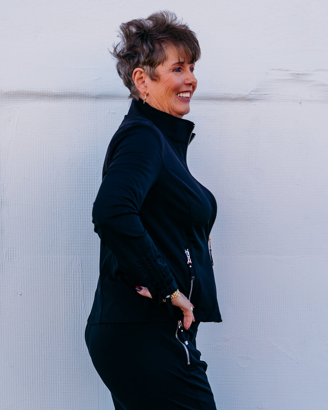 Multiples: Long Sleeve Zip Up Collar Jacket in Black (M16720JM) - The Vogue Boutique