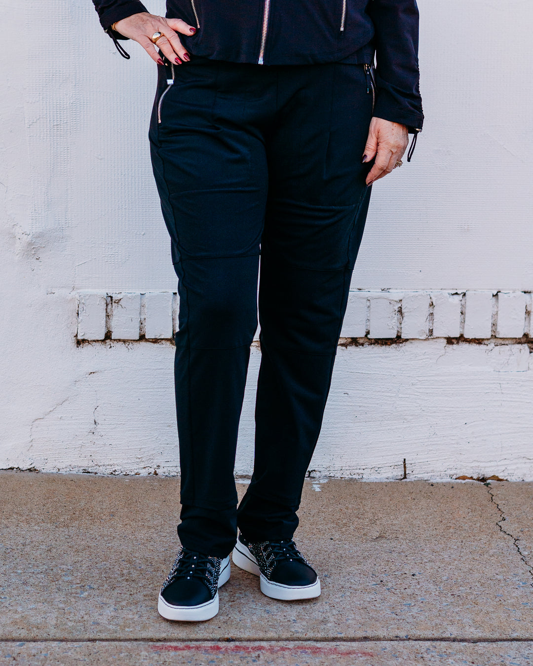Multiples: Drawstring Elastic Waist Pull Over Zip Pocket Jogger Style Ankle Pant in Black (M35703PM) - The Vogue Boutique