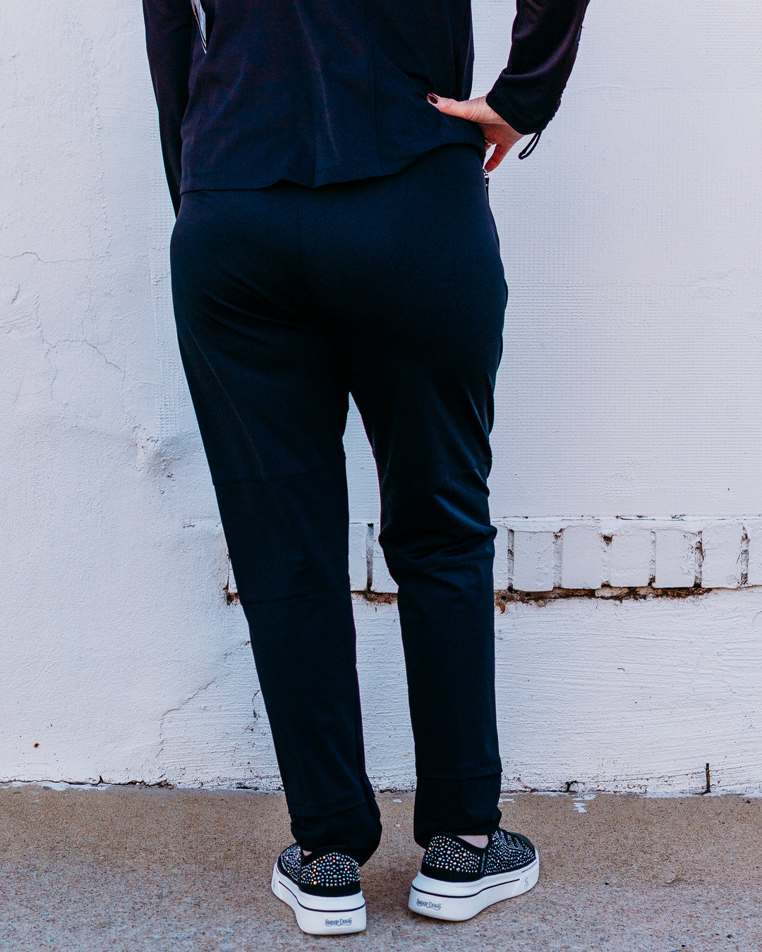 Multiples: Drawstring Elastic Waist Pull Over Zip Pocket Jogger Style Ankle Pant in Black (M35703PM) - The Vogue Boutique