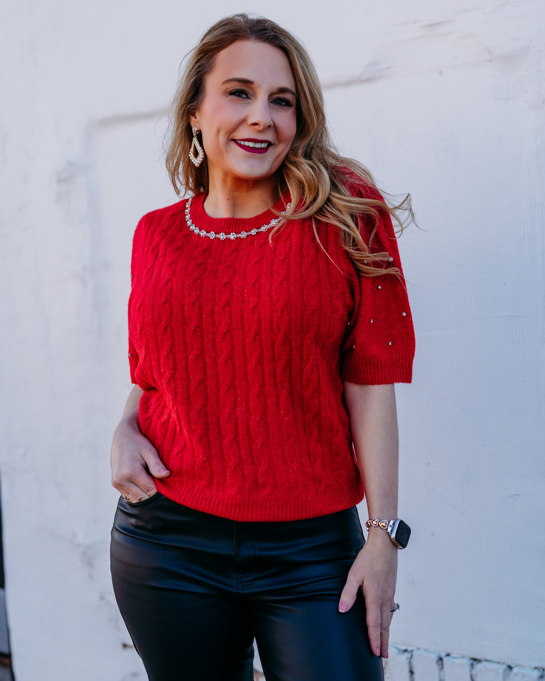 Design History: Rhinestone Sleeve Sweater in Cherry - The Vogue Boutique