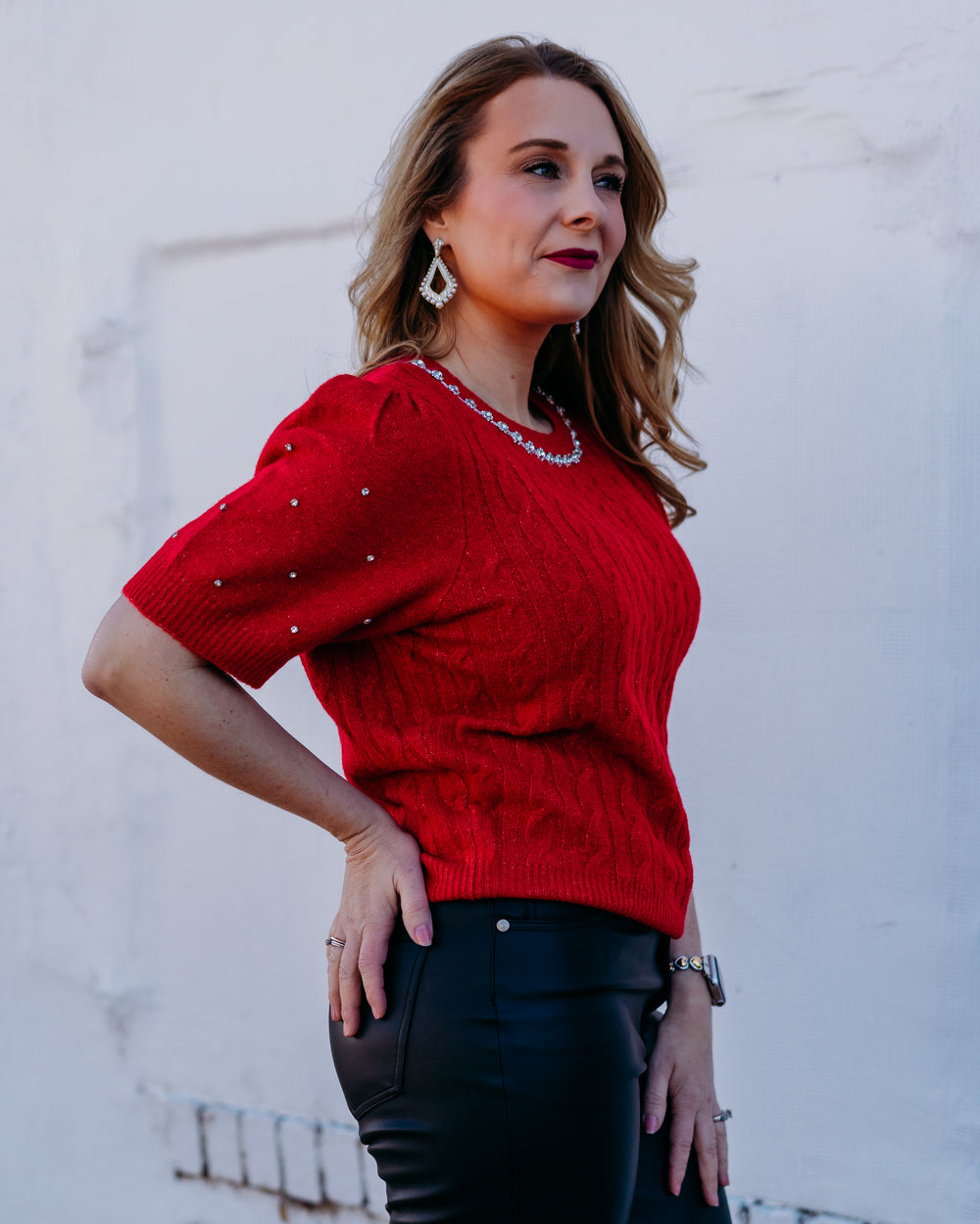 Design History: Rhinestone Sleeve Sweater in Cherry - The Vogue Boutique