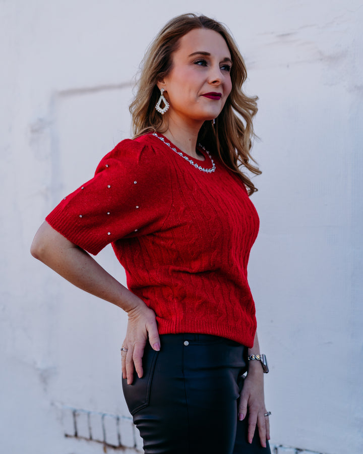 Design History: Rhinestone Sleeve Sweater in Cherry - The Vogue Boutique