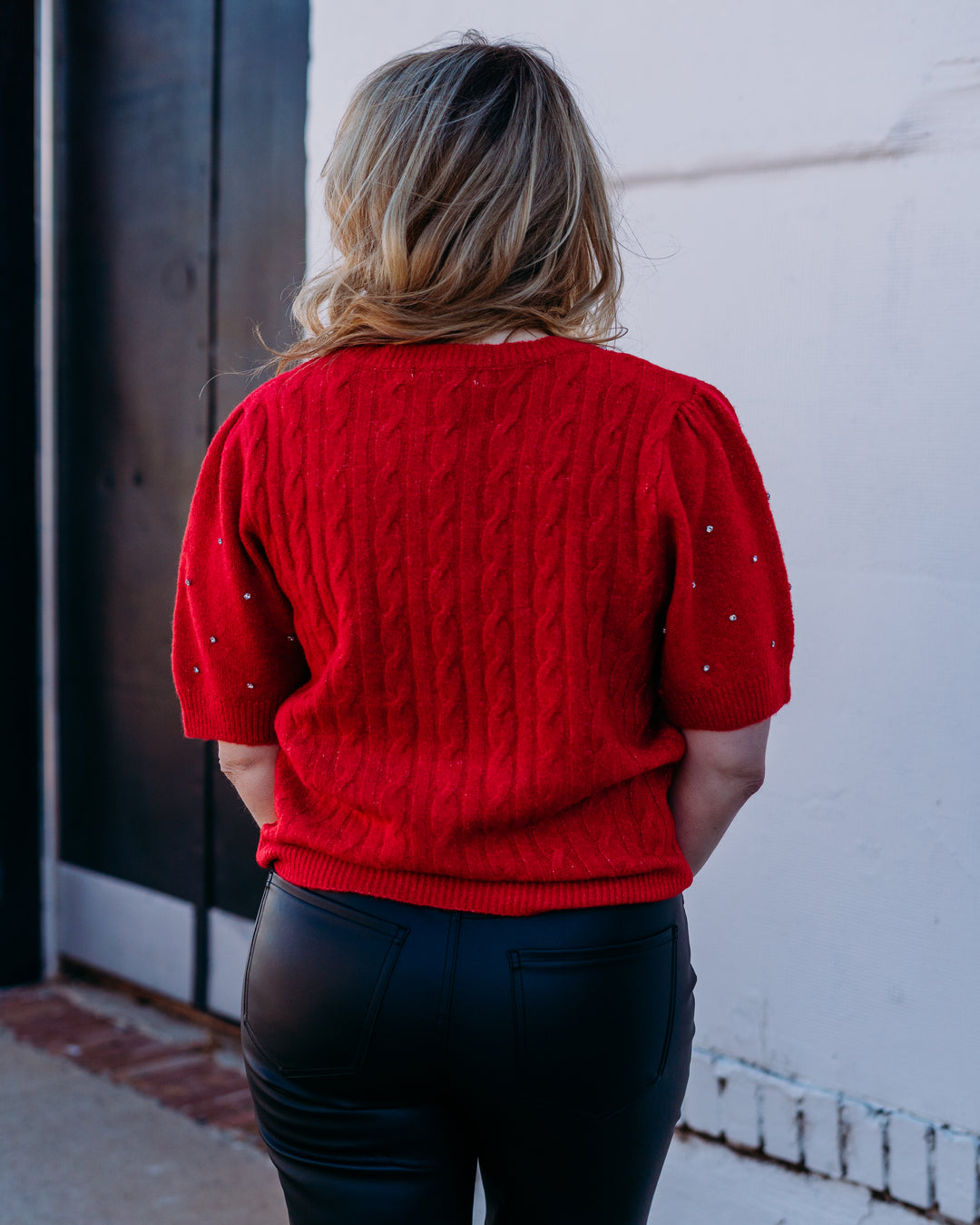 Design History: Rhinestone Sleeve Sweater in Cherry - The Vogue Boutique