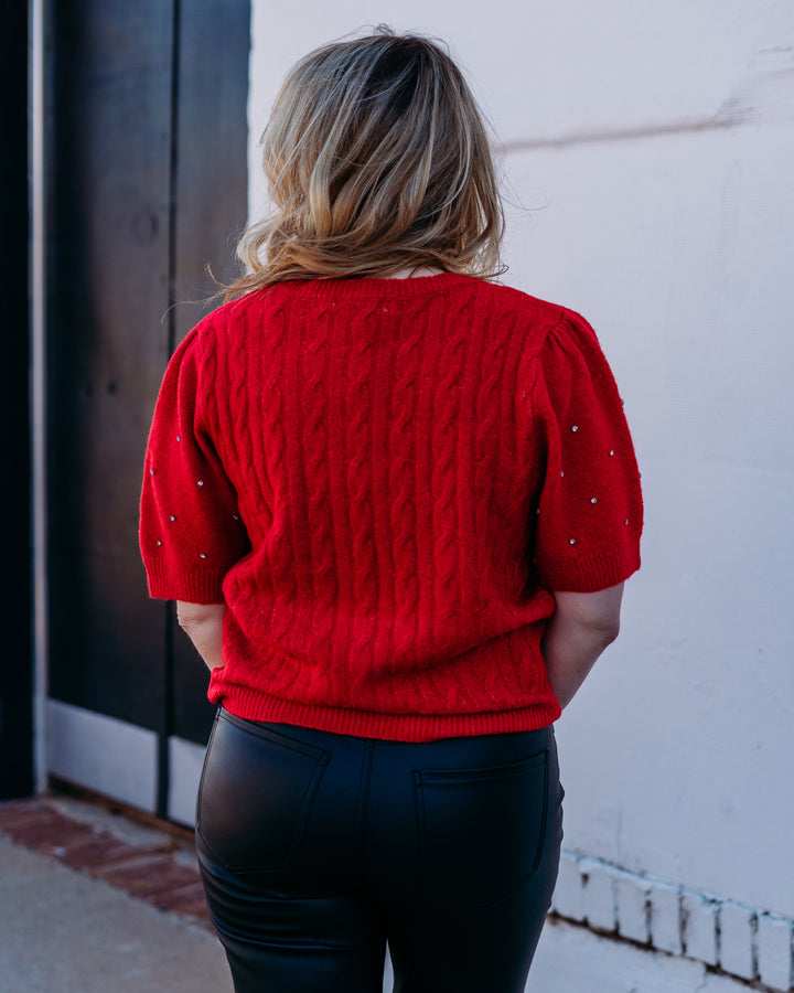 Design History: Rhinestone Sleeve Sweater in Cherry - The Vogue Boutique
