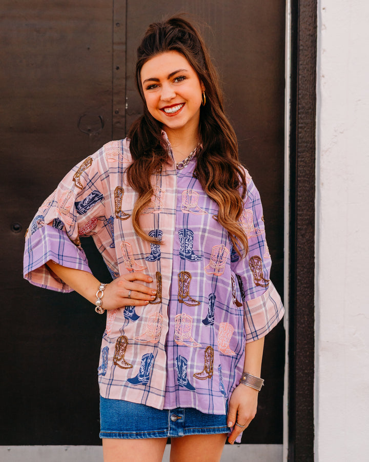 Queen Of Sparkles: Plaid Scattered Cowboy Boot Button Up Tunic in Pink/Purple (SP26710) - The Vogue Boutique