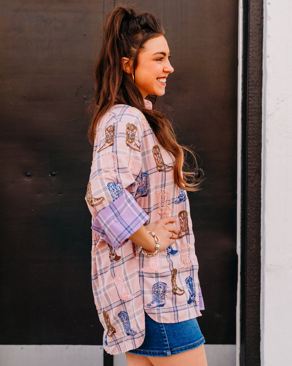 Queen Of Sparkles: Plaid Scattered Cowboy Boot Button Up Tunic in Pink/Purple (SP26710) - The Vogue Boutique