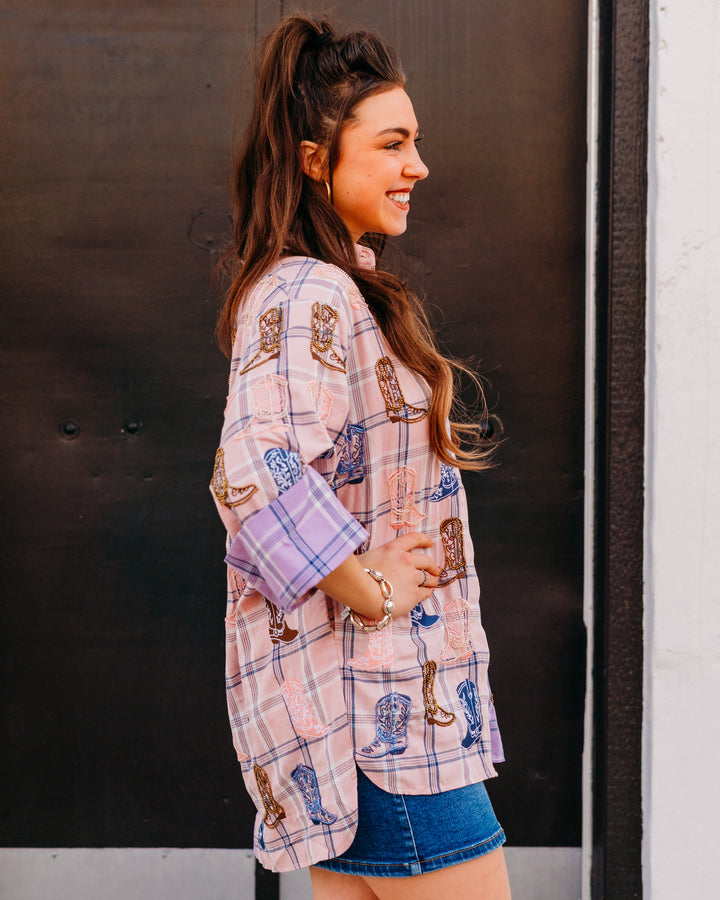 Queen Of Sparkles: Plaid Scattered Cowboy Boot Button Up Tunic in Pink/Purple (SP26710) - The Vogue Boutique