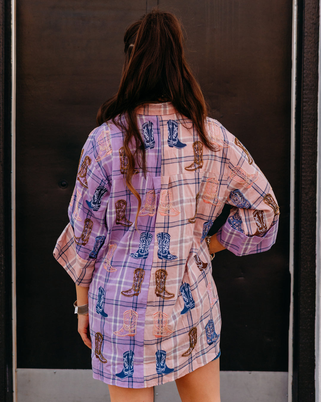 Queen Of Sparkles: Plaid Scattered Cowboy Boot Button Up Tunic in Pink/Purple (SP26710) - The Vogue Boutique