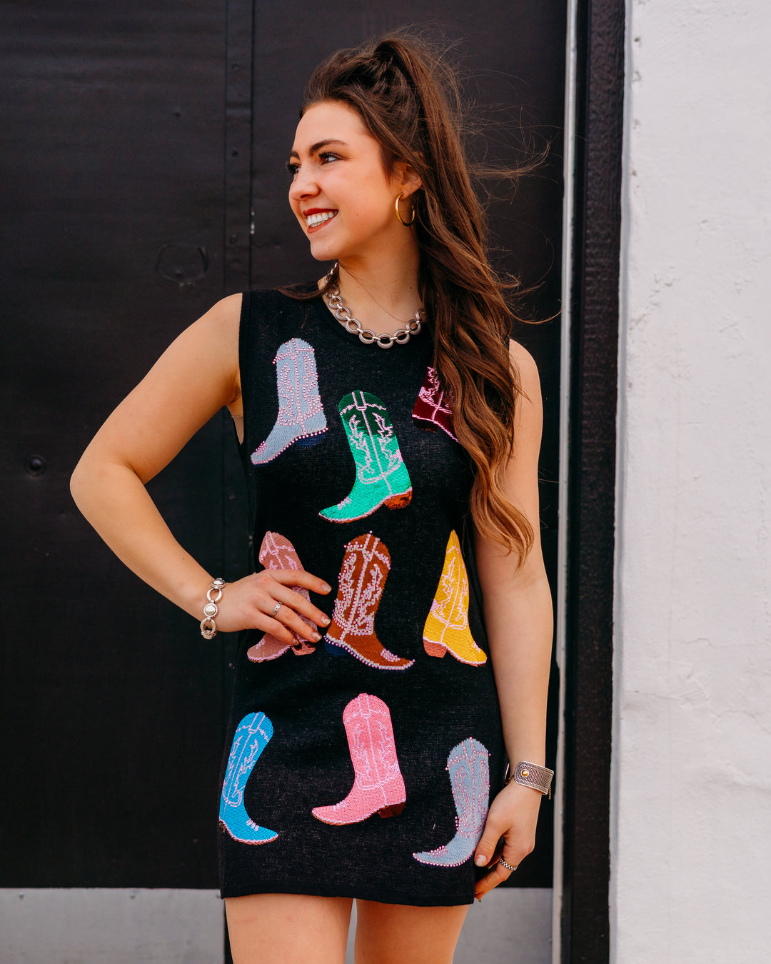 Queen Of Sparkles: Black Knit Cowboy Boot Tank Dress S