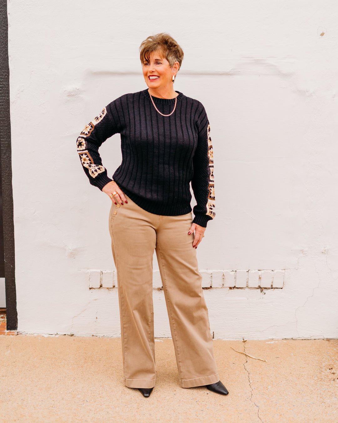 Charlie B: Sweater With Crochet Sleeve in Black - The Vogue Boutique
