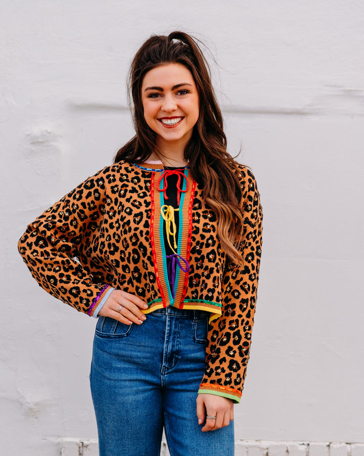 Queen Of Sparkles: Leopard Multi Tie Rhinestone Sweater (SP26095) - The Vogue Boutique
