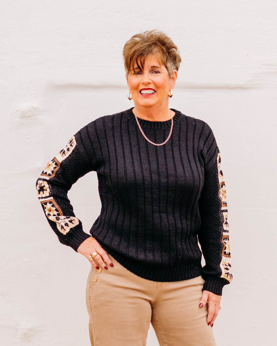 Charlie B: Sweater With Crochet Sleeve in Black - The Vogue Boutique