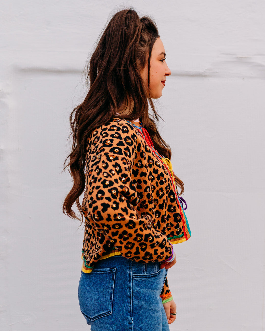 Queen Of Sparkles: Leopard Multi Tie Rhinestone Sweater (SP26095) - The Vogue Boutique