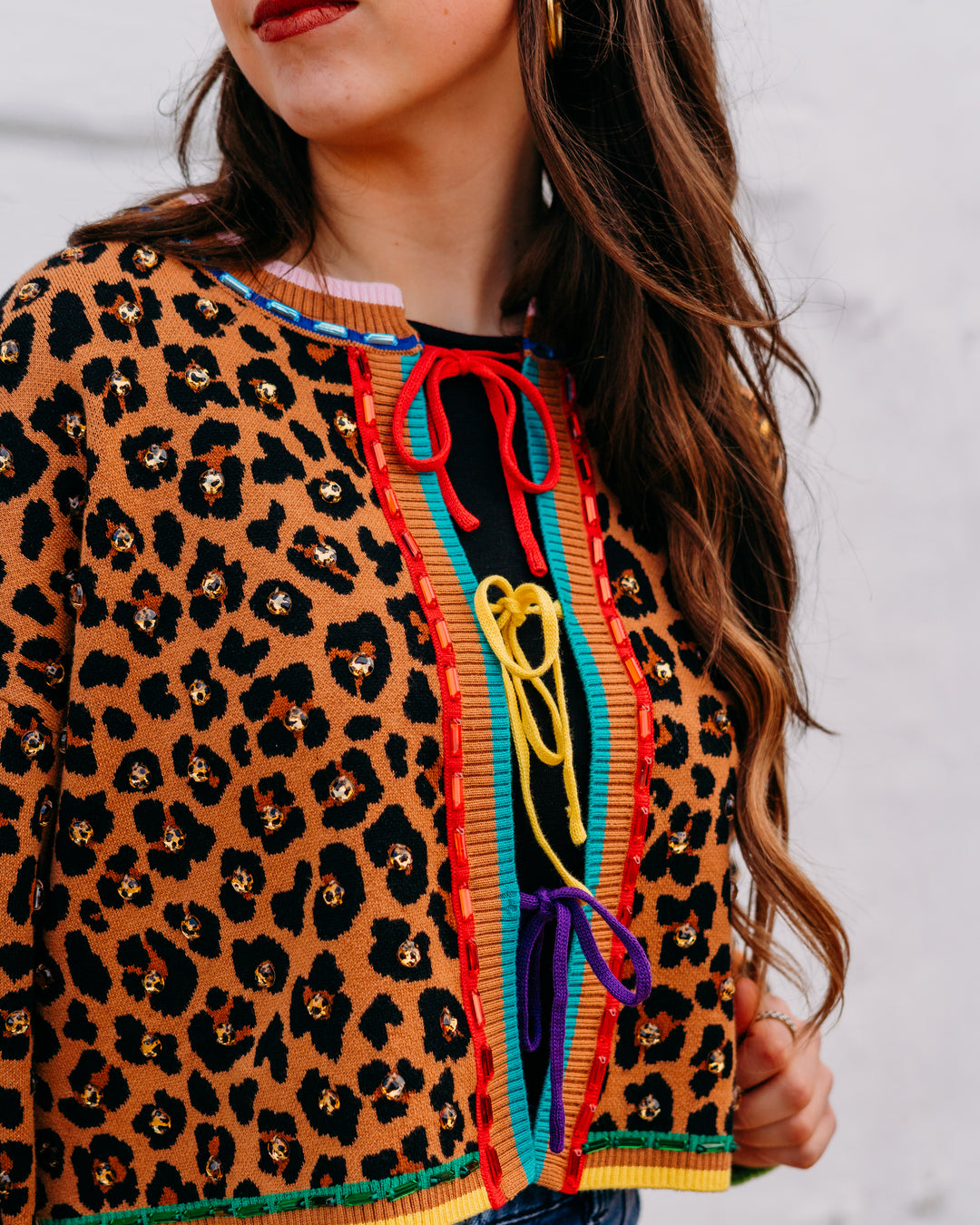 Queen Of Sparkles: Leopard Multi Tie Rhinestone Sweater (SP26095) - The Vogue Boutique