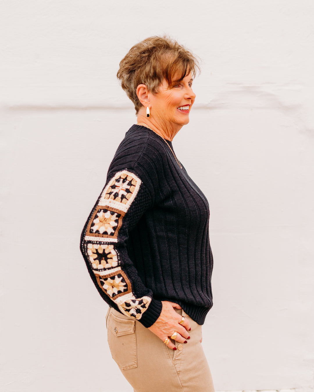 Charlie B: Sweater With Crochet Sleeve in Black - The Vogue Boutique